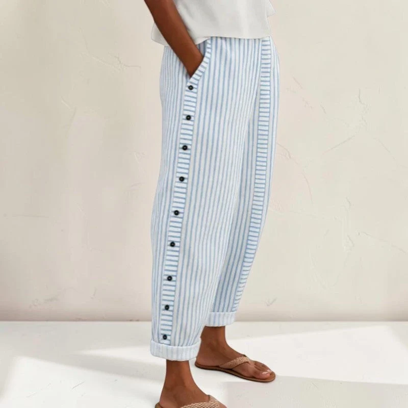Pantalon Femme Décontracté Rayé avec Boutons