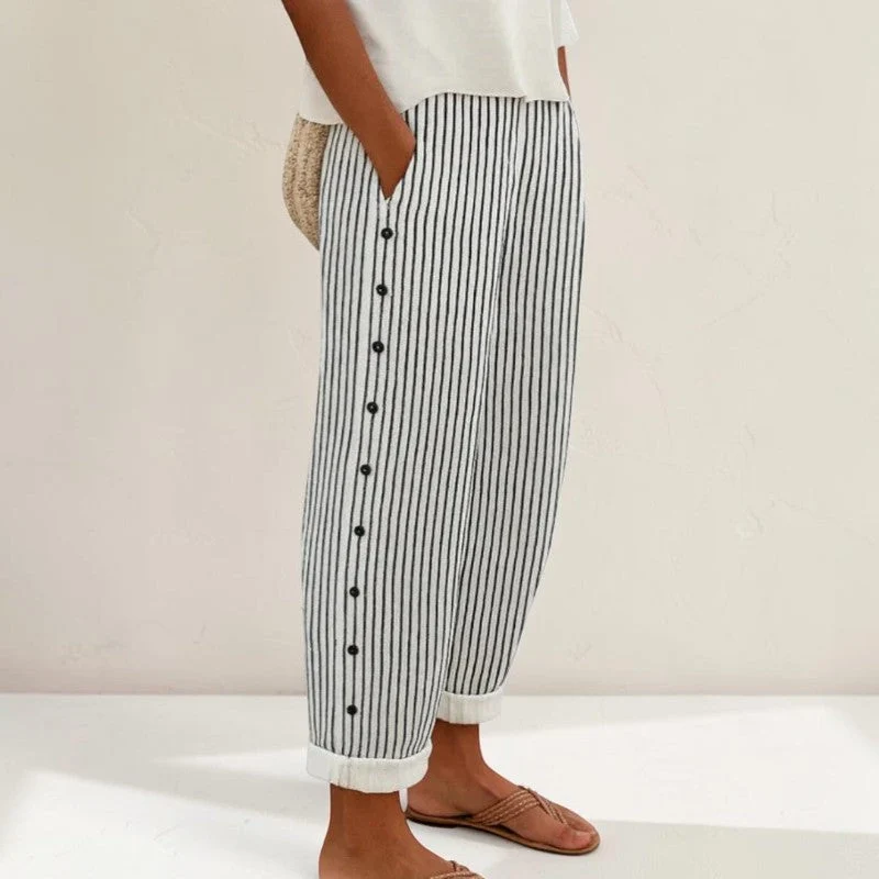 Pantalon Femme Décontracté Rayé avec Boutons