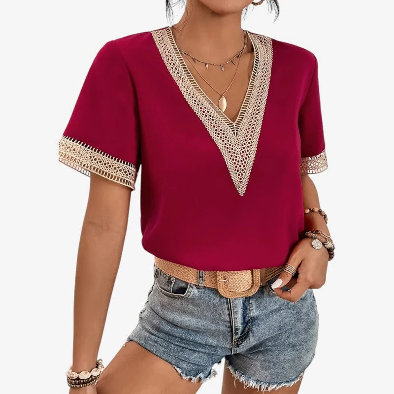 Haut femme à col V avec bordure en dentelle