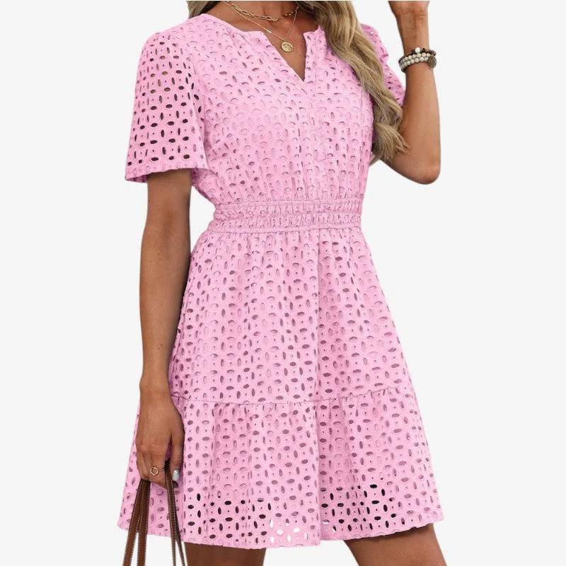 Robe mini femme brodée à col V