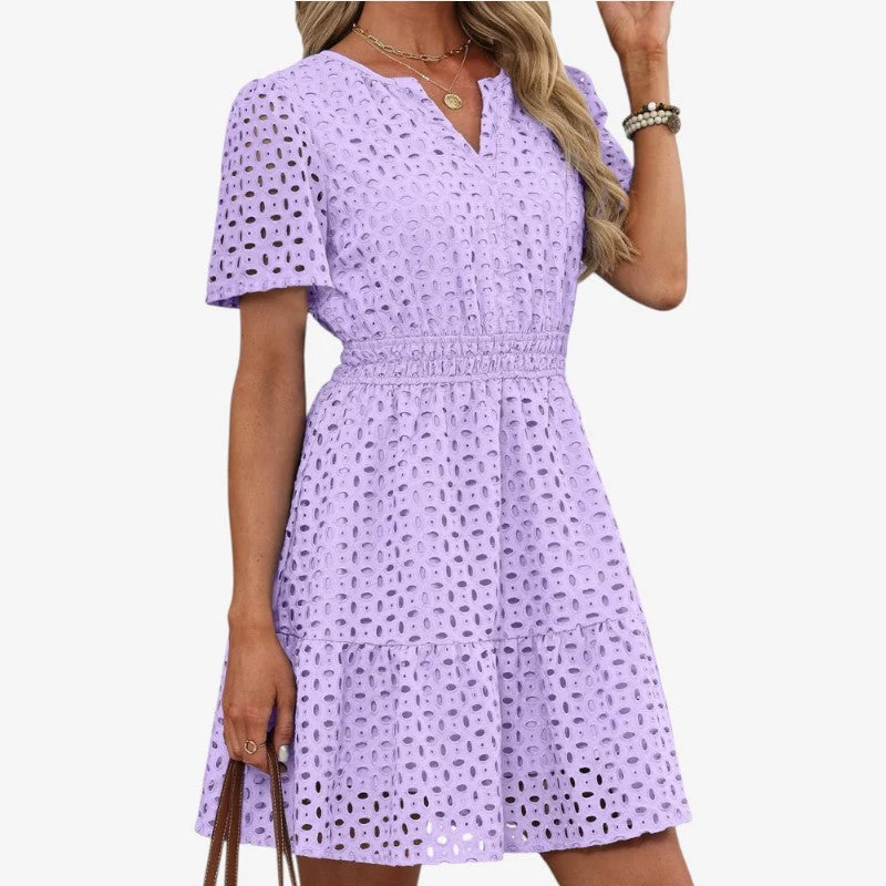 Robe mini femme brodée à col V