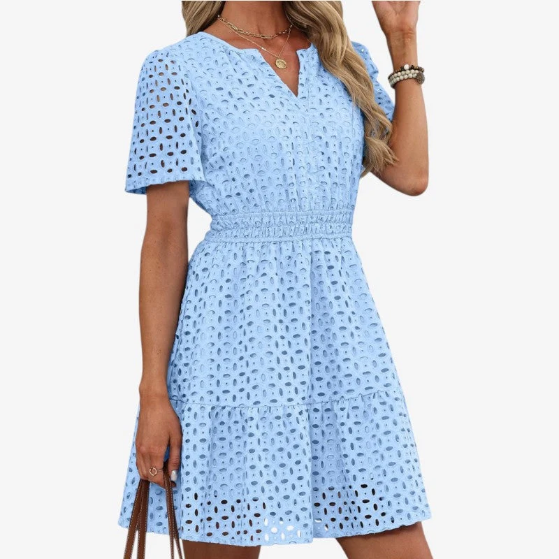 Robe mini femme brodée à col V