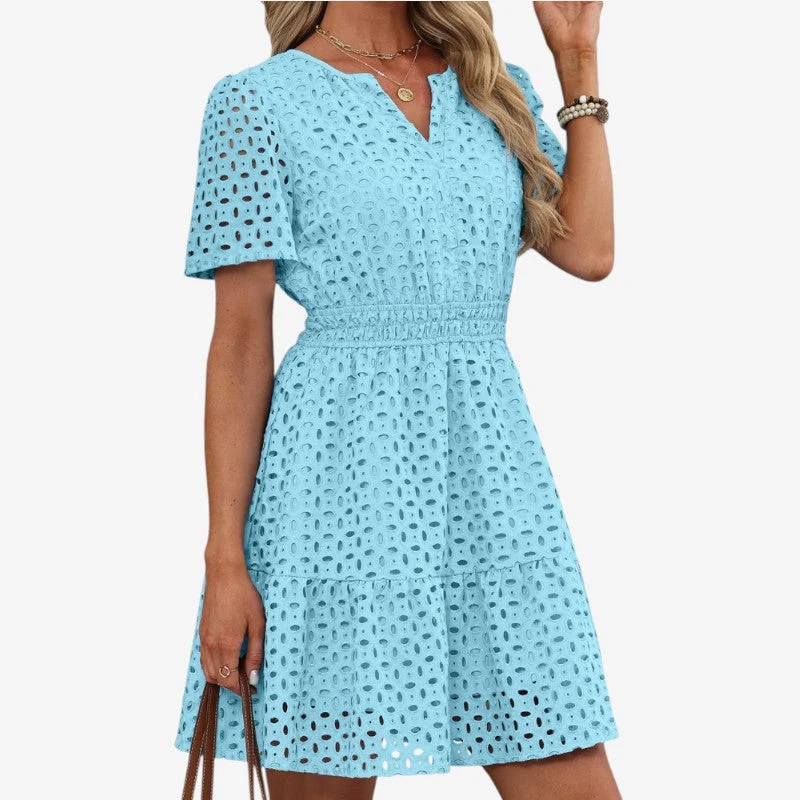 Robe mini femme brodée à col V