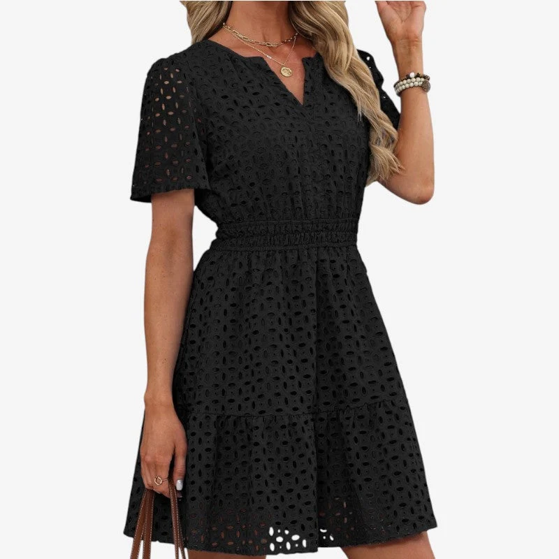 Robe mini femme brodée à col V