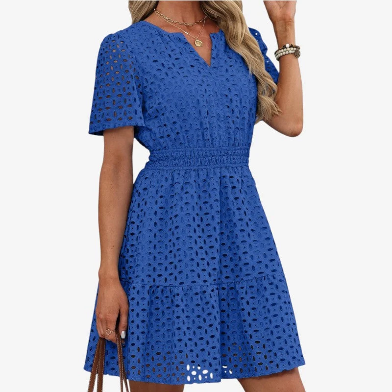 Robe mini femme brodée à col V