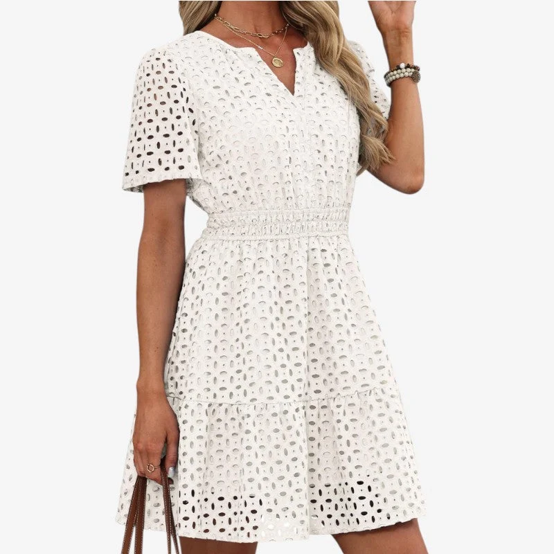 Robe mini femme brodée à col V