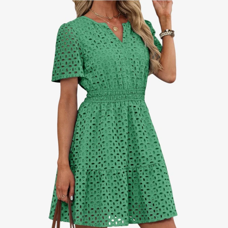 Robe mini femme brodée à col V