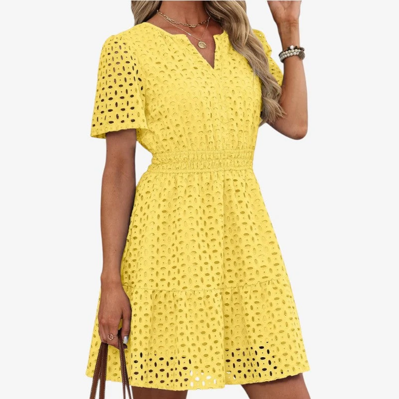Robe mini femme brodée à col V