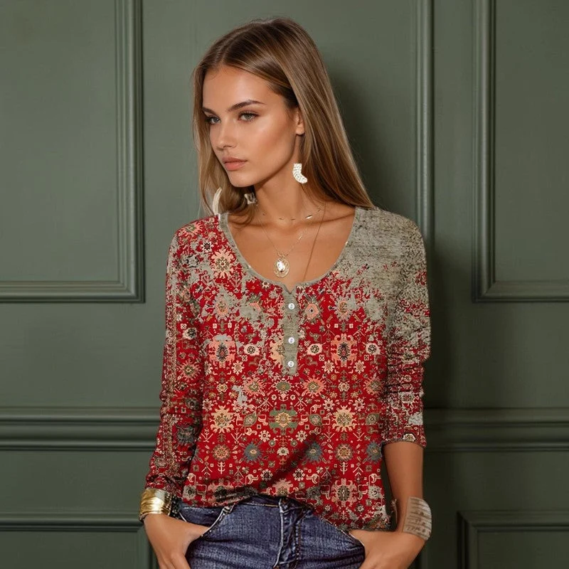 Chemisier femme à col Henley fleuri