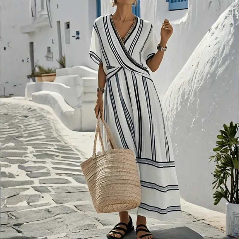 Robe longue rayée pour femme à col V
