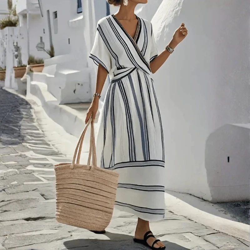 Robe longue rayée pour femme à col V