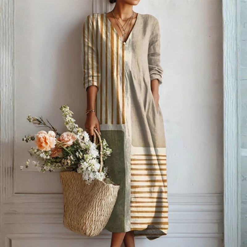 Robe longue bohème pour femme à col V