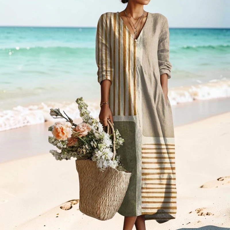 Robe longue bohème pour femme à col V