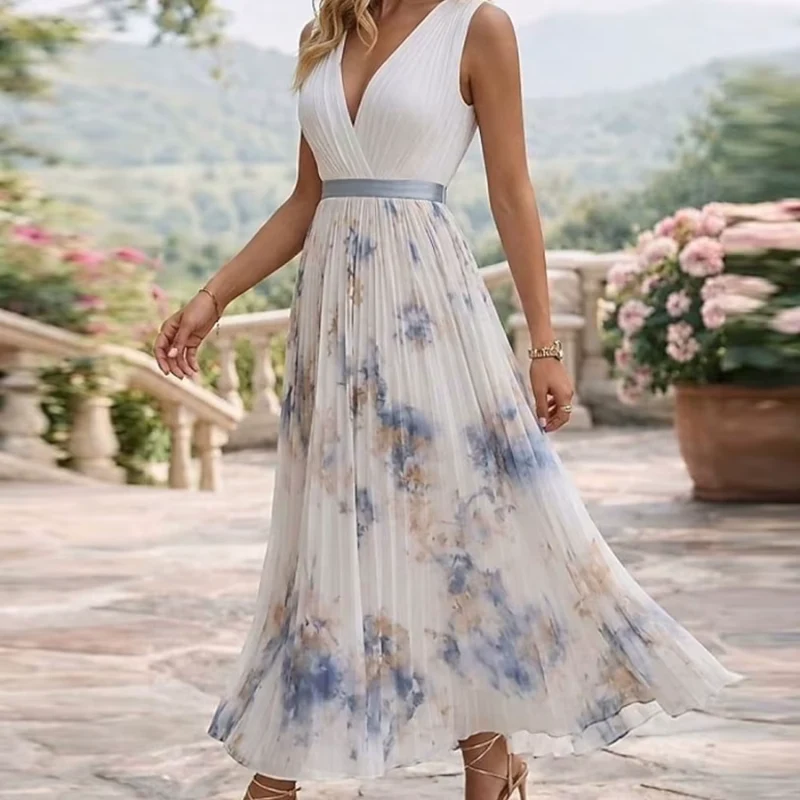 Robe midi fleurie sans manches pour femme