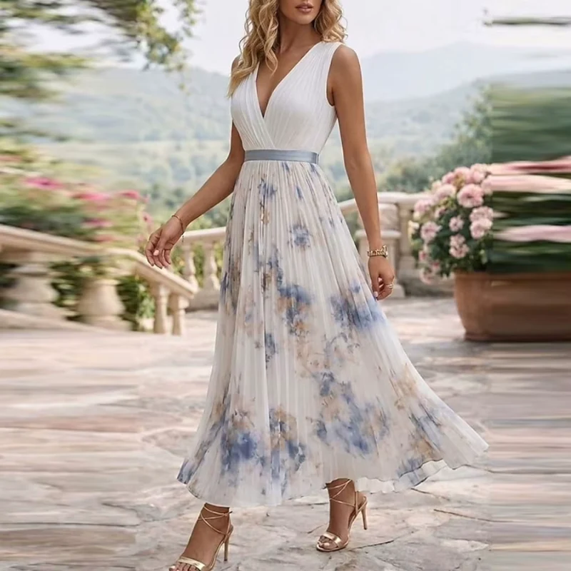 Robe midi fleurie sans manches pour femme