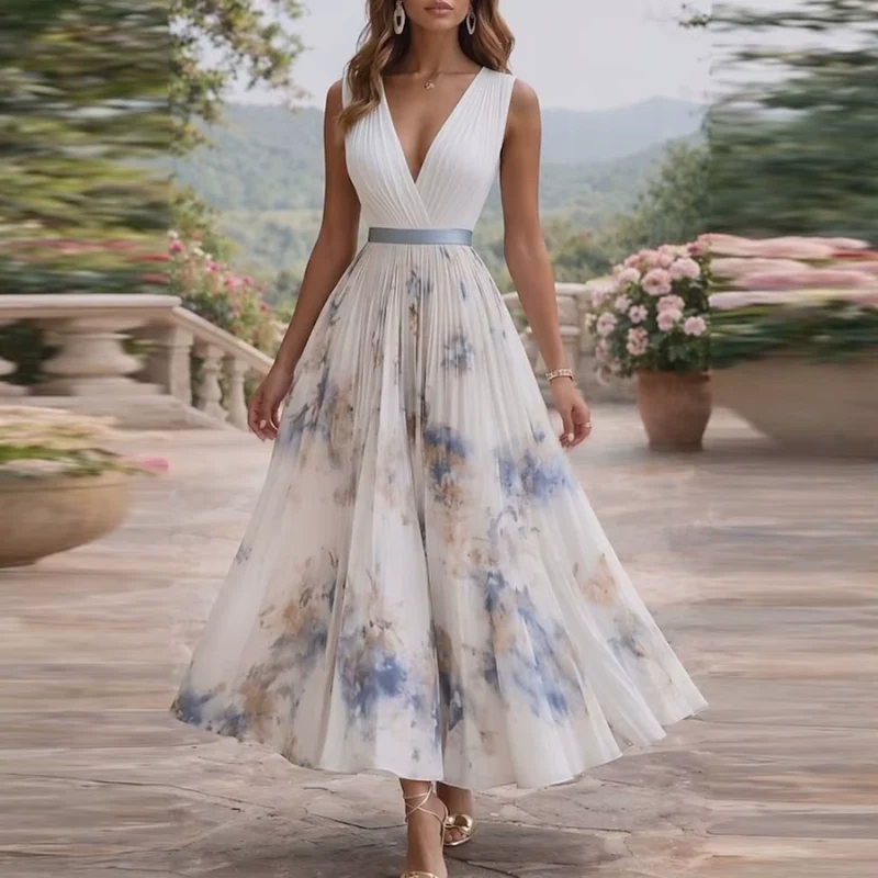 Robe midi fleurie sans manches pour femme