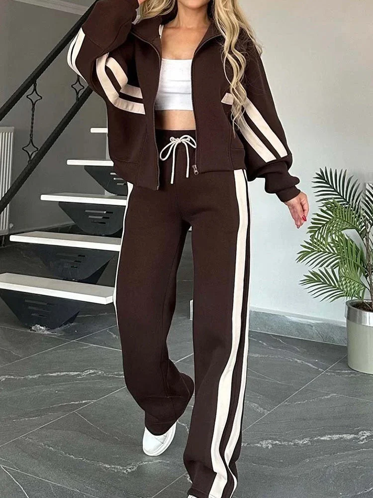 Ensemble décontracté confortable à fermeture éclair comprenant sweat-shirt et pantalon 2 pièces