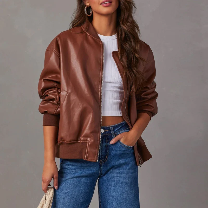 Veste Bomber en Cuir Zippée Intemporelle pour Femme