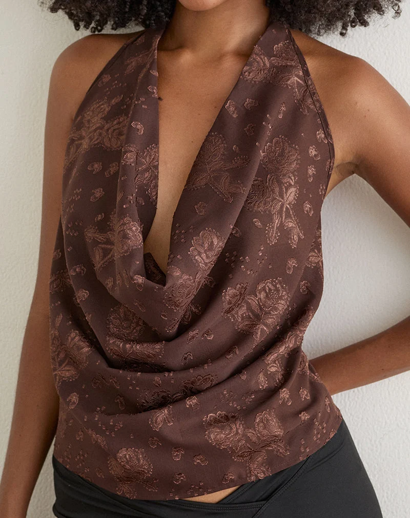 Haut à capuche « Greece » en mousseline jacquard à motifs floraux, marron
