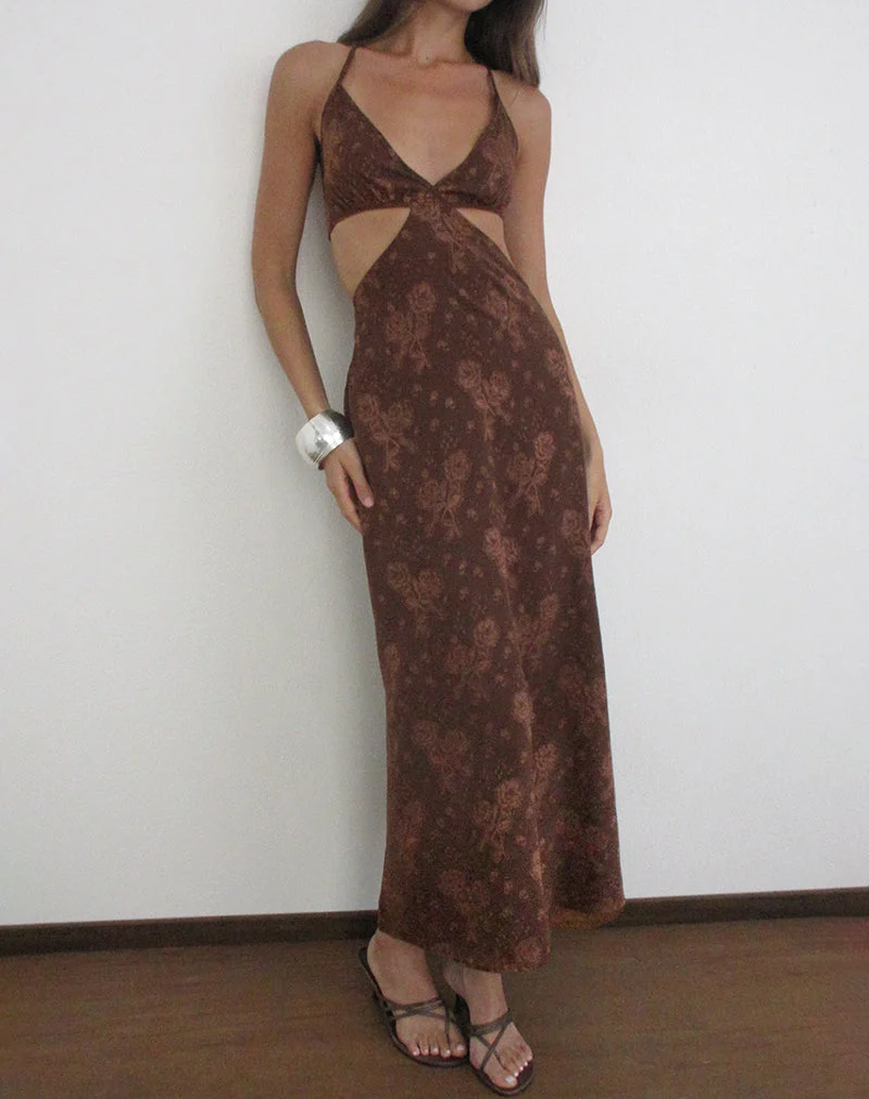 Robe longue Emily en mousseline jacquard à motifs floraux, marron