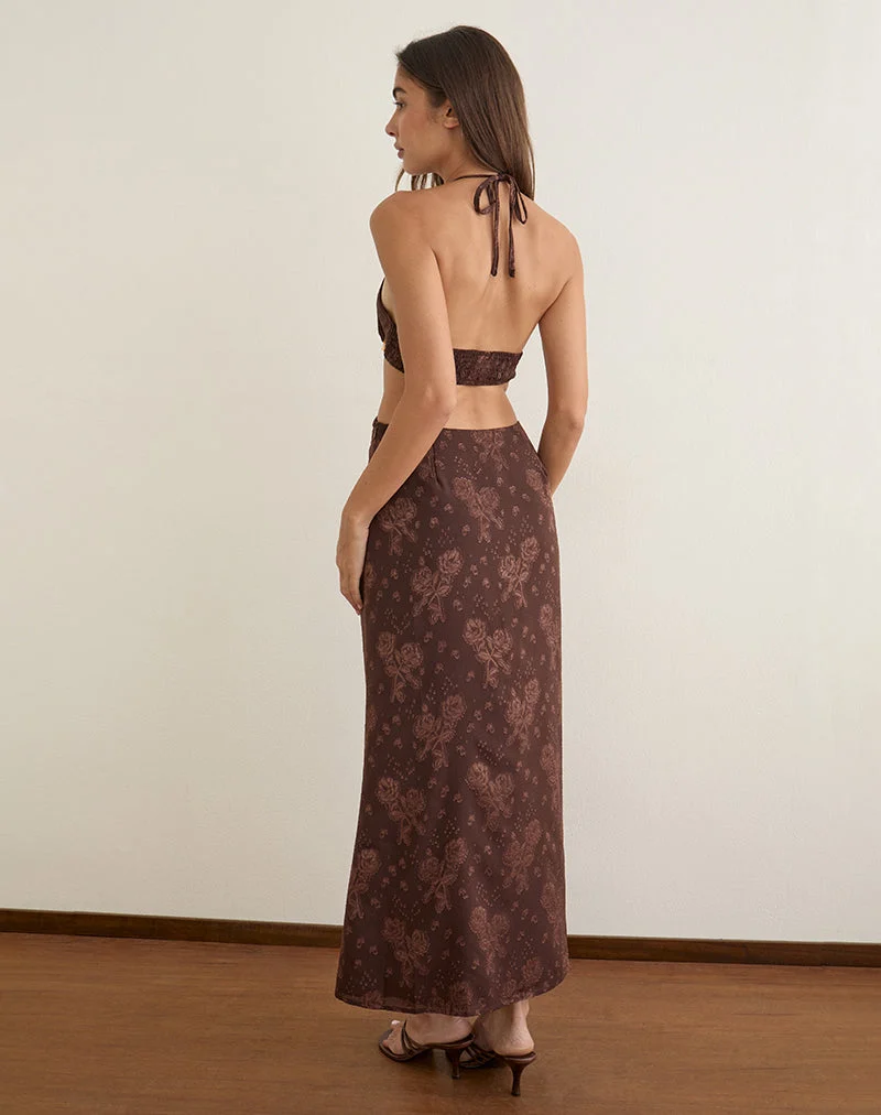 Robe longue Emily en mousseline jacquard à motifs floraux, marron