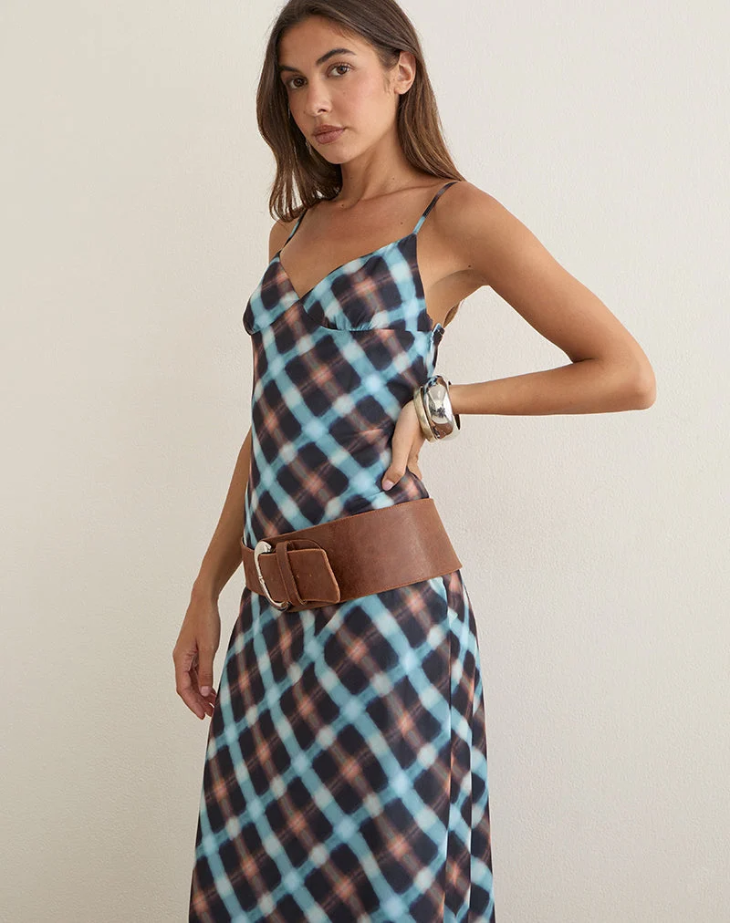 Robe Bianna en mousseline noire et bleue à carreaux vaporeux