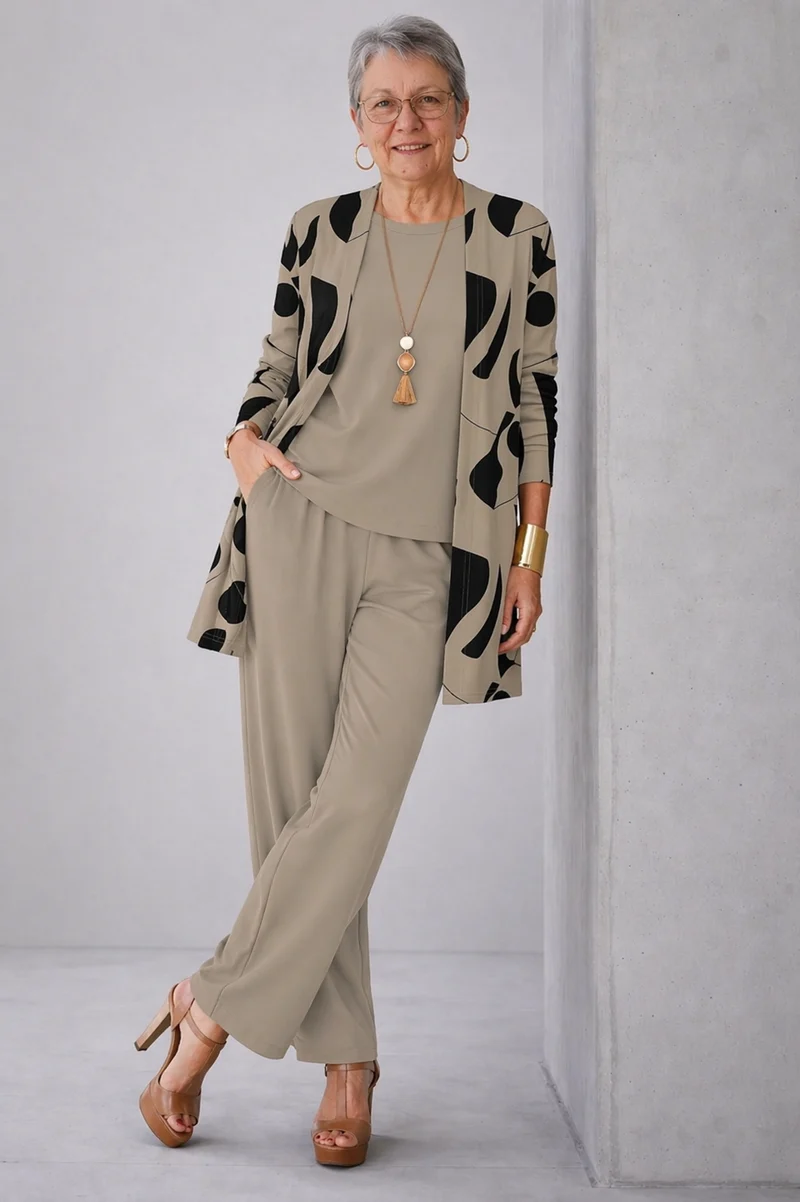 Sylvie | Ensemble 3 Pièces Taupe Imprimé