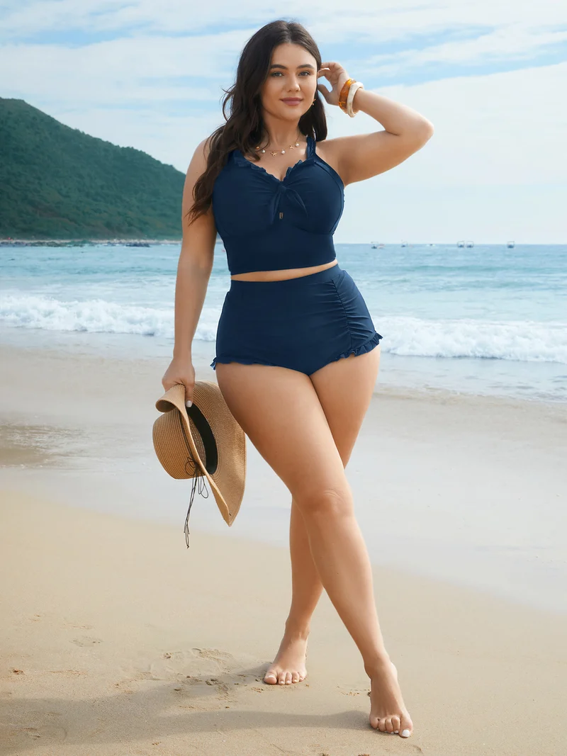 Ruched Mesh Seamed Ruffle Trim Swim Bottoms