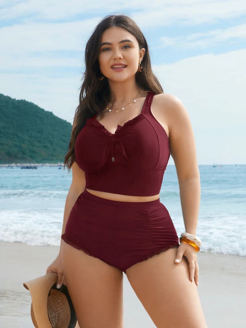 Ruched Mesh Seamed Ruffle Trim Swim Bottoms