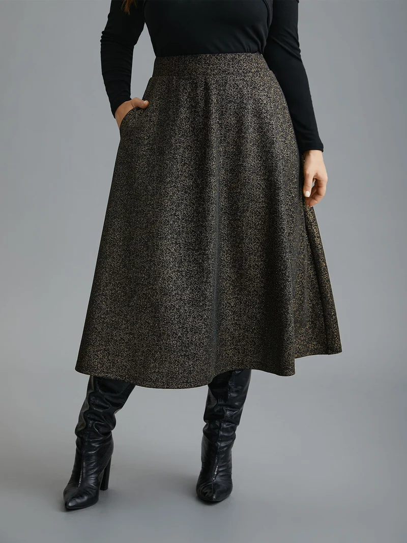 Glitter Elastic Waist Pocket Midi Skirt