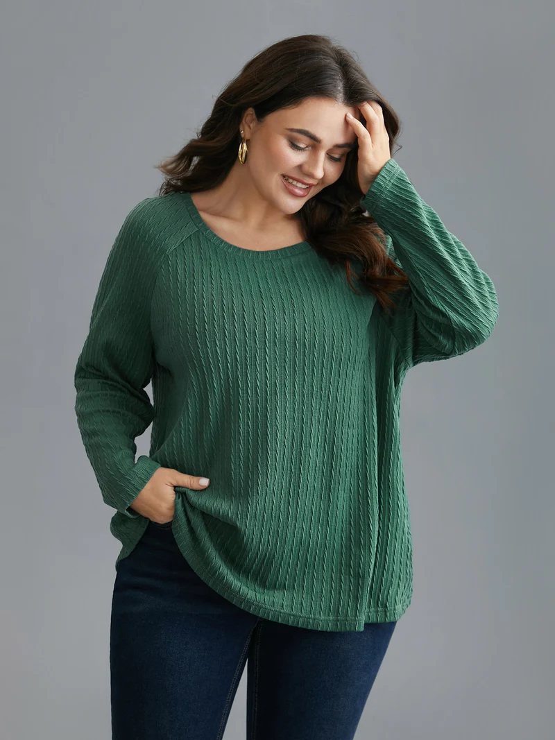 Textured Elastic Raglan Sleeves T-shirt