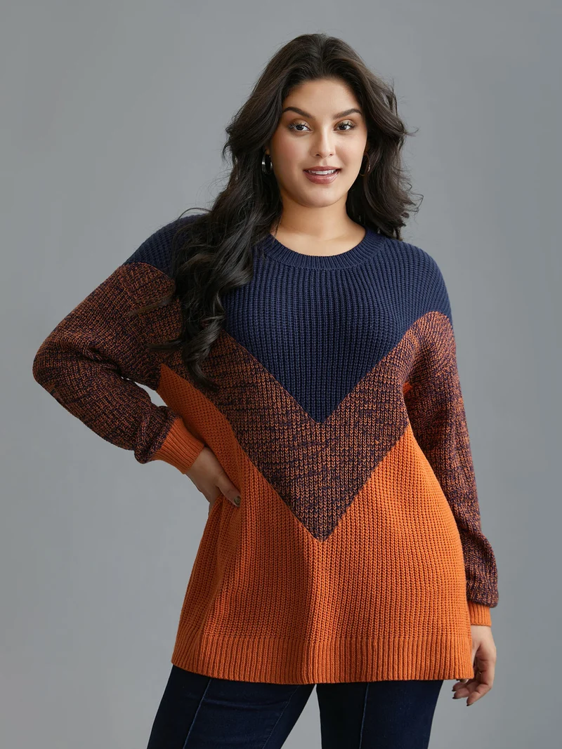 Textured Balloon Sleeves Color Block Pullover