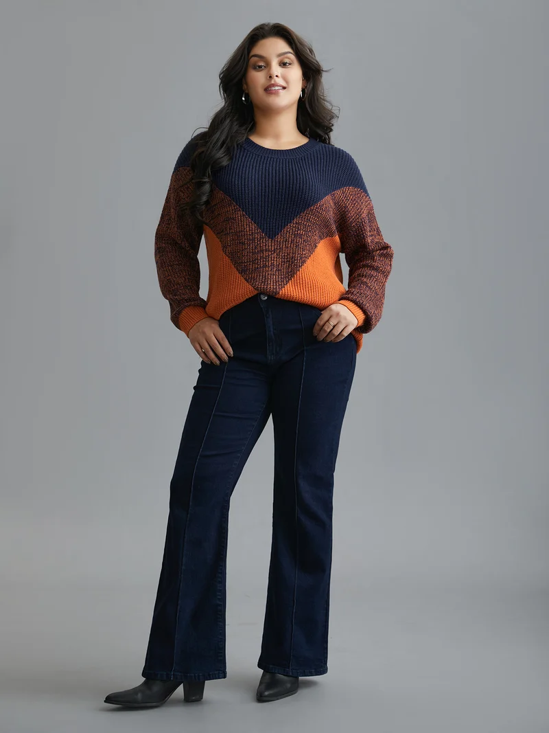 Textured Balloon Sleeves Color Block Pullover
