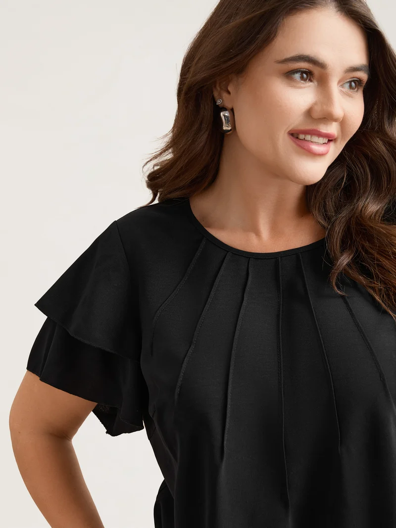 Toothpick Pleat Layered Flutter Sleeve Blouse