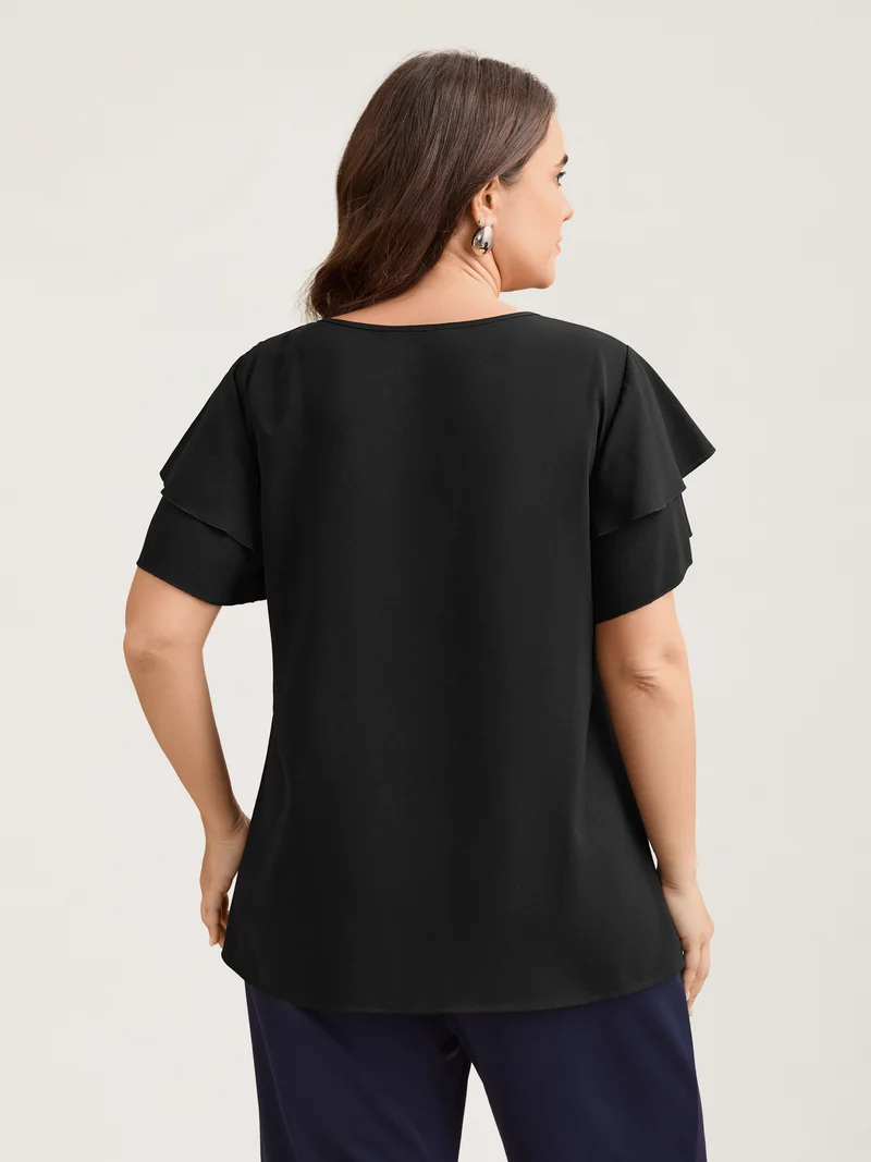 Toothpick Pleat Layered Flutter Sleeve Blouse