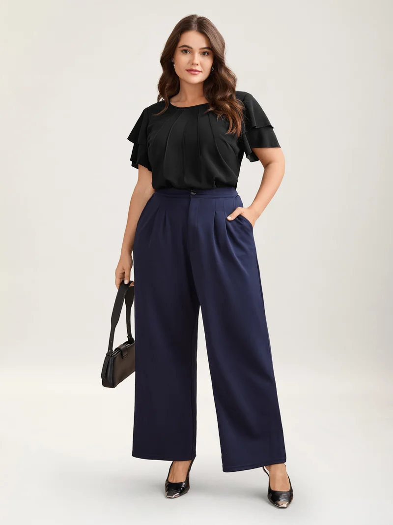 Toothpick Pleat Layered Flutter Sleeve Blouse