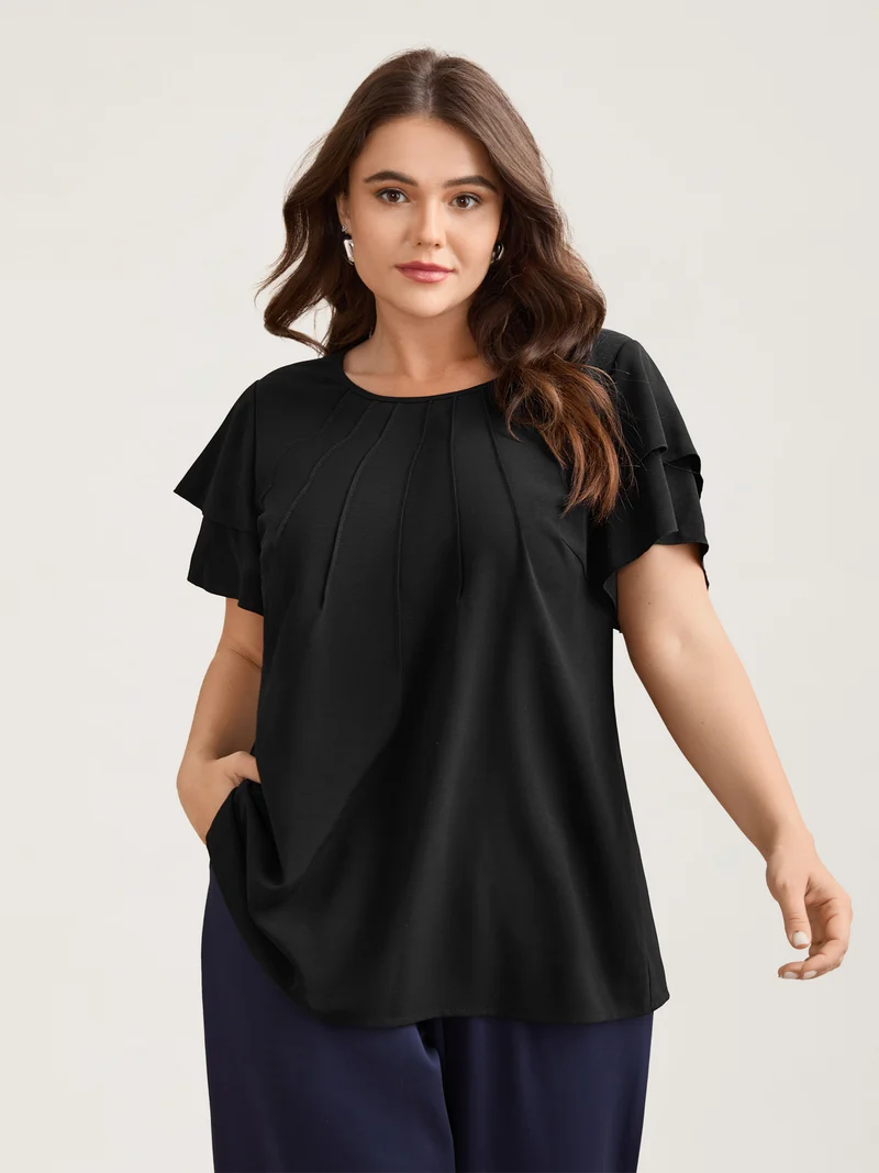 Toothpick Pleat Layered Flutter Sleeve Blouse
