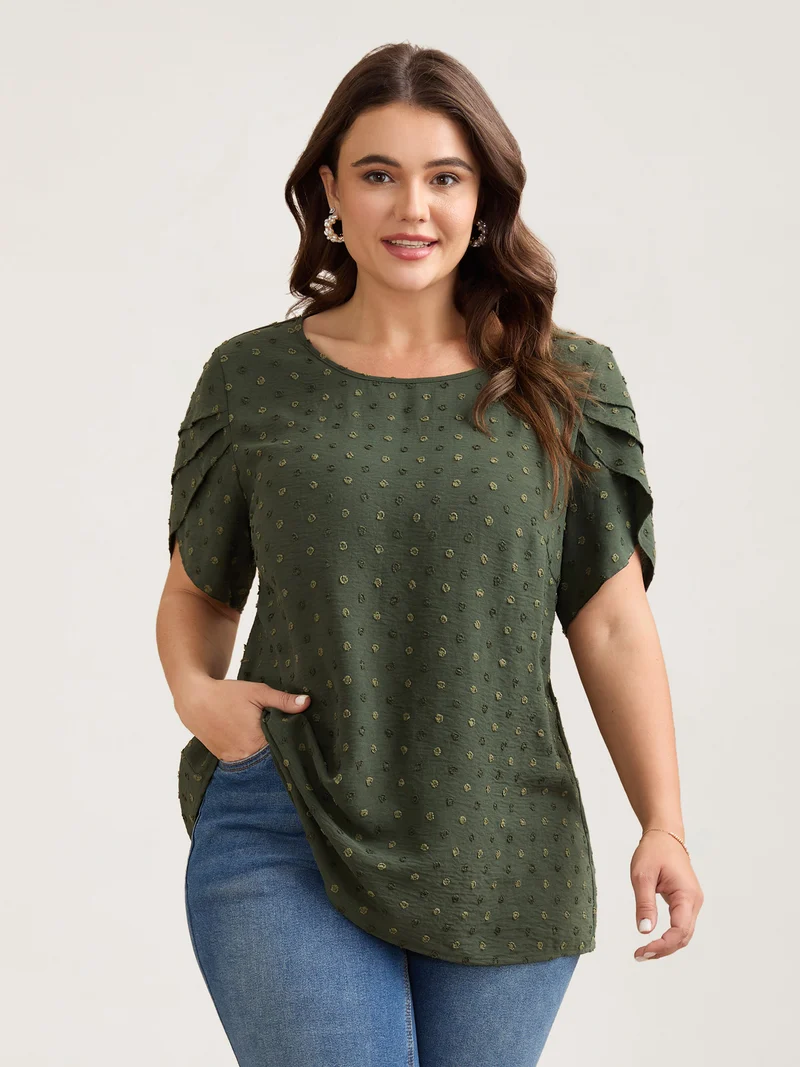Textured Color Contrast Petal Sleeve Blouse