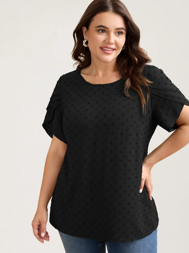 Textured Color Contrast Petal Sleeve Blouse