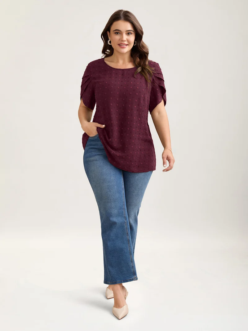 Textured Color Contrast Petal Sleeve Blouse