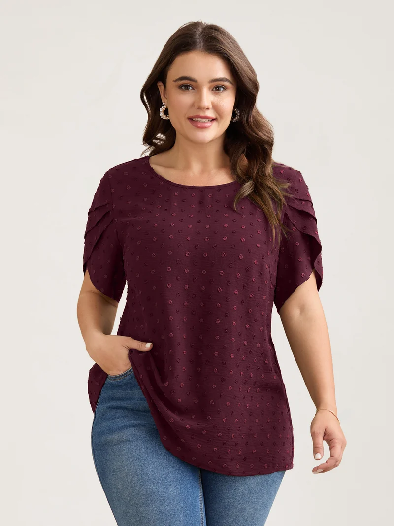 Textured Color Contrast Petal Sleeve Blouse