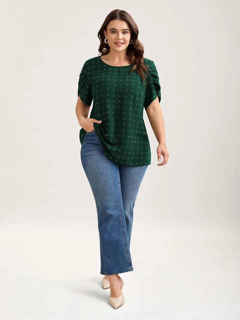 Textured Color Contrast Petal Sleeve Blouse