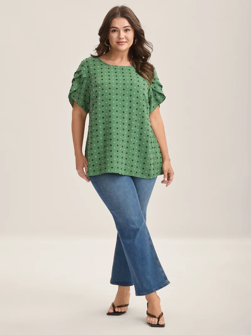 Textured Color Contrast Petal Sleeve Blouse