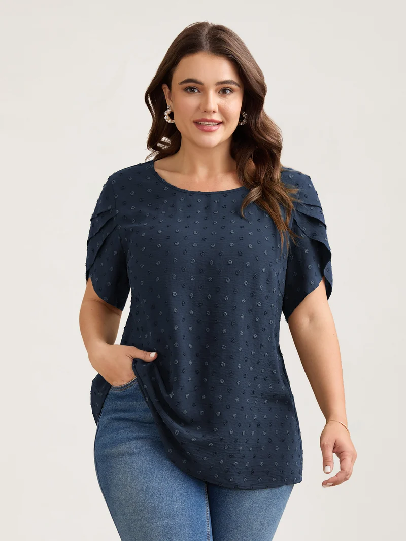 Textured Color Contrast Petal Sleeve Blouse