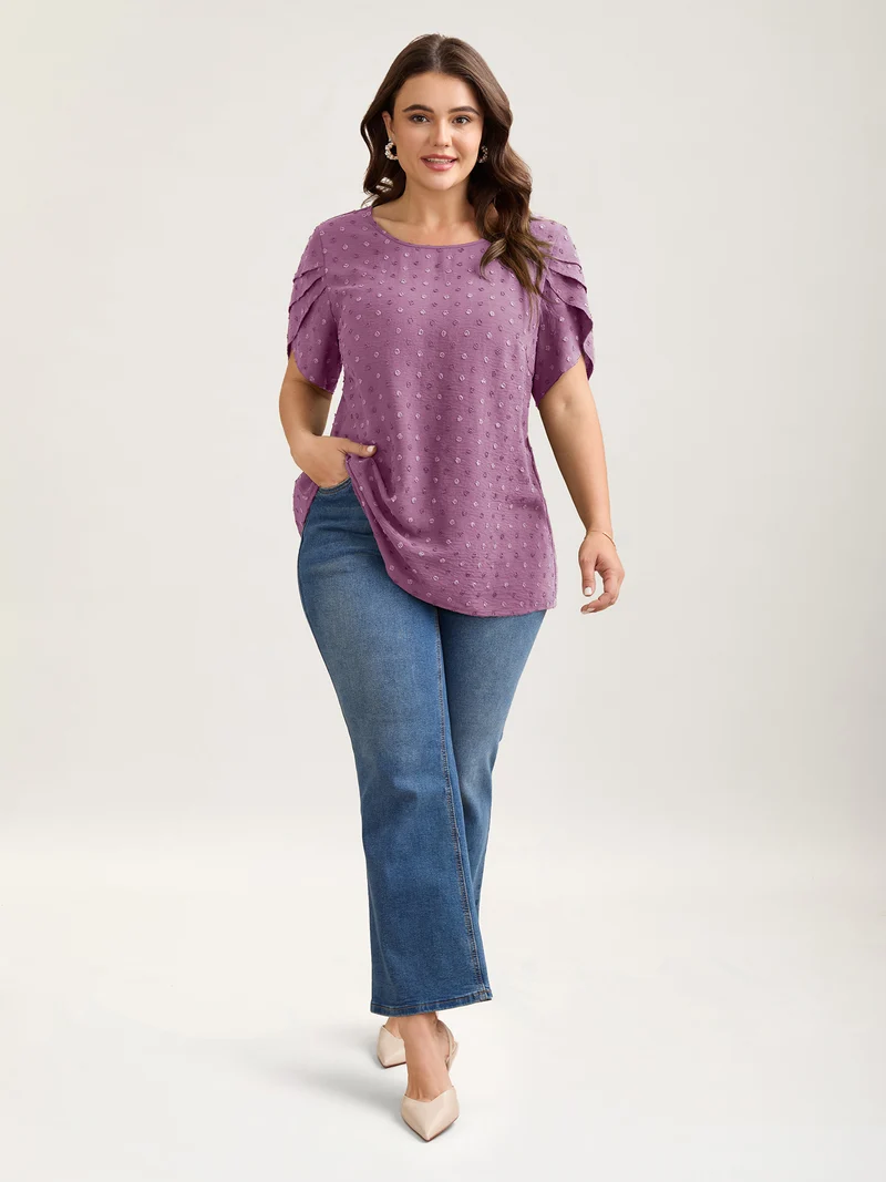 Textured Color Contrast Petal Sleeve Blouse