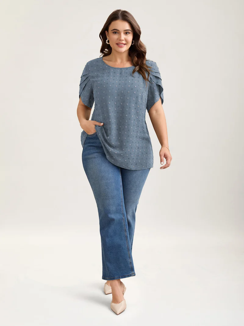 Textured Color Contrast Petal Sleeve Blouse