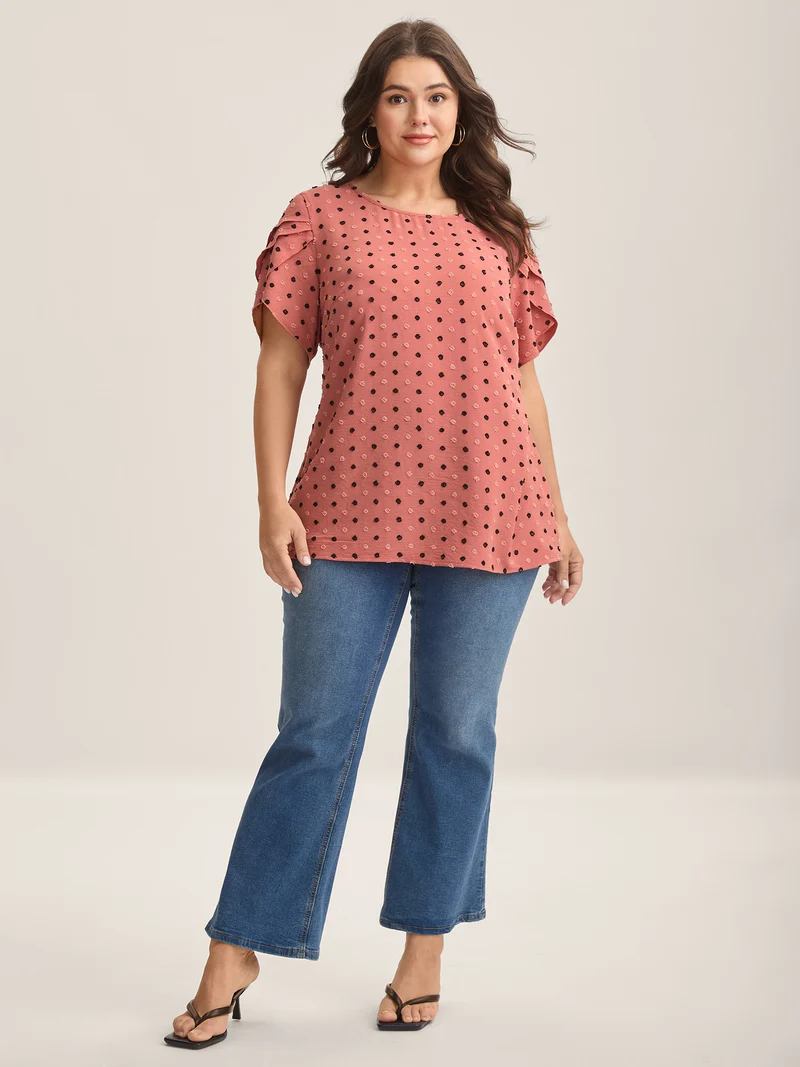 Textured Color Contrast Petal Sleeve Blouse