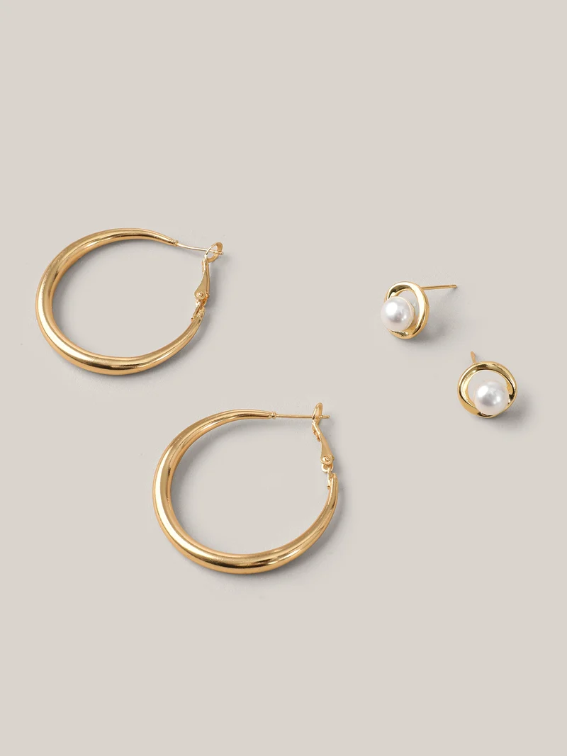 Pearl Hoop Gold Tone Earrings