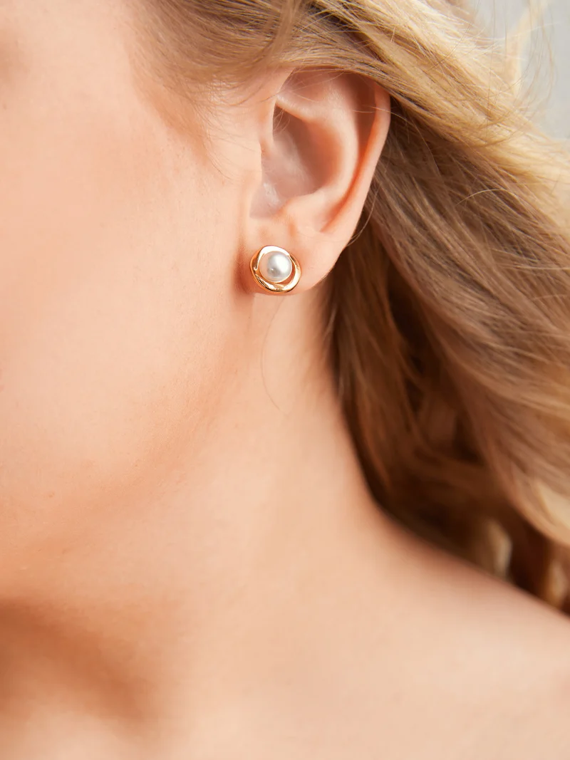 Pearl Hoop Gold Tone Earrings