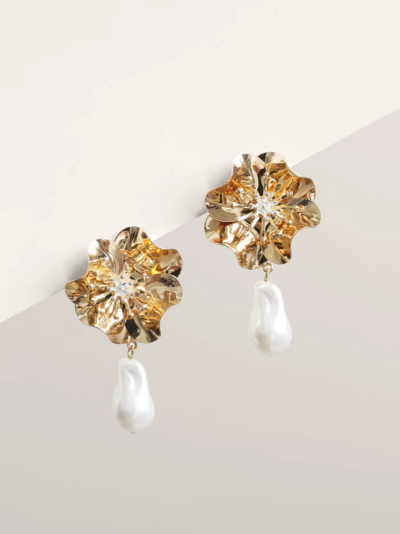 Metallic Gold-Tone Flower Drop Earrings